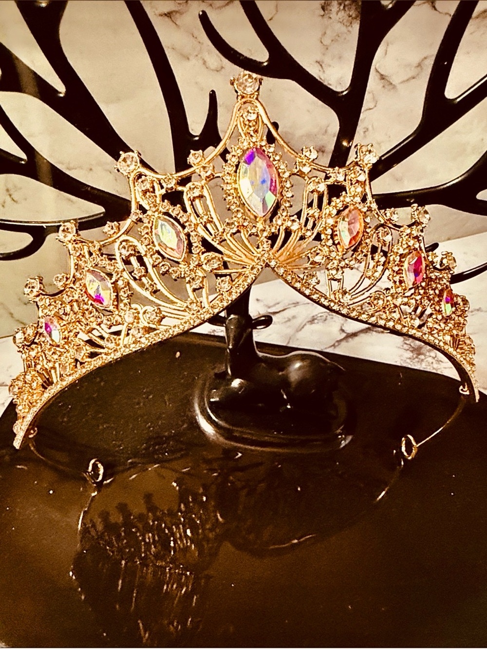 Gold Tiara with Iridescent Rhinestone Accents NWT - Picture 12 of 14